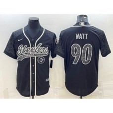 Men's Pittsburgh Steelers #90 TJ Watt Black Reflective With Patch Cool Base Stitched Baseball Jersey