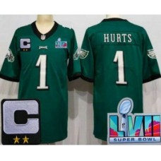 Men's Philadelphia Eagles #1 Jalen Hurts Limited Green C Patch Super Bowl LVII Vapor Stitched Jersey