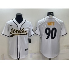 Men's Pittsburgh Steelers #90 TJ Watt White With Patch Cool Base Stitched Baseball Jersey