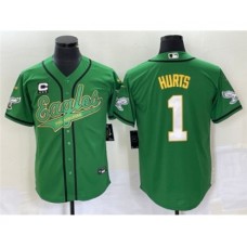 Men's Nike Philadelphia Eagles #1 Jalen Hurts Green With C Cool Base Stitched Baseball Jersey