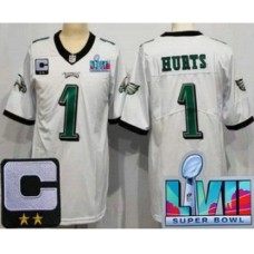 Men's Philadelphia Eagles #1 Jalen Hurts Limited White C Patch Super Bowl LVII Vapor Stitched Jersey