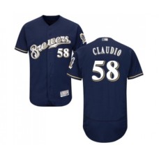 Men's Milwaukee Brewers #58 Alex Claudio Navy Blue Alternate Flex Base Authentic Collection Baseball Jersey