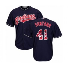 Men's Cleveland Indians #41 Carlos Santana Authentic Navy Blue Team Logo Fashion Cool Base Baseball Jersey