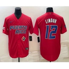 Men's Puerto Rico Baseball #12 Francisco Lindor 2023 Red World Baseball Classic Stitched Jersey