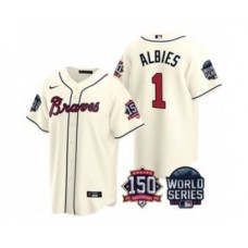 Men's Atlanta Braves #1 Ozzie Albies 2021 Cream World Series With 150th Anniversary Patch Cool Base Baseball Stitched Jersey