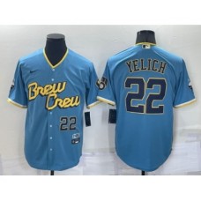 Men's Milwaukee Brewers #22 Christian Yelich Number Blue 2022 City Connect Cool Base Stitched Jersey