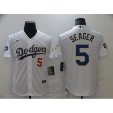 Men's Nike Los Angeles Dodgers #5 Corey Seager White Game Champions Authentic Stitched Jersey