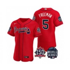 Men's Atlanta Braves #5 Freddie Freeman 2021 Red World Series Flex Base With 150th Anniversary Patch Baseball Stitched Jersey