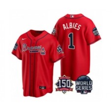 Men's Atlanta Braves #1 Ozzie Albies 2021 Red World Series With 150th Anniversary Patch Cool Base Baseball Stitched Jersey