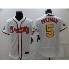 Men's Atlanta Braves #5 Freddie Freeman 2021 White Gold World Series Champions Stitched Jersey