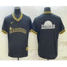 Men's Seattle Mariners Big Logo Black Gold Nike Cooperstown Legend V Neck Stitched Jersey