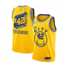 Men's Golden State Warriors #42 Nate Thurmond Authentic Gold Hardwood Classics Basketball Stitched Jersey - The City Classic Edition