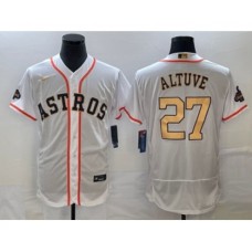 Men's Houston Astros #27 Jose Altuve 2023 White Gold World Serise Champions Flex Base Stitched Jersey