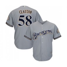 Men's Milwaukee Brewers #58 Alex Claudio Replica Grey Road Cool Base Baseball Jersey