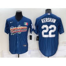 Men's Los Angeles Dodgers #22 Clayton Kershaw Rainbow Blue Red Pinstripe Mexico Cool Base Nike Stitched Jersey