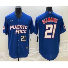 Men's Puerto Rico Baseball #21 Roberto Clemente Number 2023 Blue World Classic Stitched Jersey