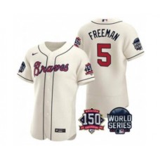 Men's Atlanta Braves #5 Freddie Freeman 2021 Cream World Series Flex Base With 150th Anniversary Patch Baseball Stitched Jersey