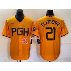 Men's Nike Pittsburgh Pirates #21 Roberto Clemente Number Gold 2023 City Connect Stitched Jersey