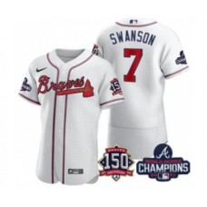 Men's Atlanta Braves #7 Dansby Swanson 2021 White World Series Champions With 150th Anniversary Flex Base Stitched Jersey