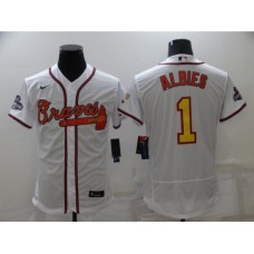 Men's Atlanta Braves #1 Ozzie Albies 2021 White Gold World Series Champions Stitched Jersey