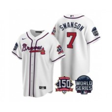 Men's Atlanta Braves #7 Dansby Swanson 2021 White World Series With 150th Anniversary Patch Cool Base Baseball Stitched Jersey