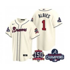 Men's Atlanta Braves #1 Ozzie Albies 2021 Cream World Series Champions With 150th Anniversary Patch Cool Base Stitched Jersey