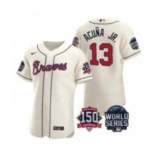 Men's Atlanta Braves #13 Ronald Acuna Jr. 2021 Cream World Series Flex Base With 150th Anniversary Patch Baseball Stitched Jersey