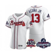 Men's Atlanta Braves #13 Ronald Acuna Jr. 2021 White World Series Champions With 150th Anniversary Flex Base Stitched Jersey