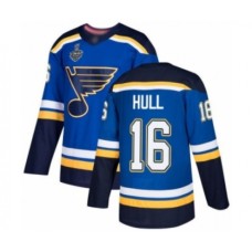 Men St. Louis Blues #16 Brett Hull Authentic Royal Blue Home 2019 Stanley Cup Final Bound Hockey Jersey