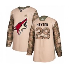 Men Arizona Coyotes #29 Barrett Hayton Authentic Camo Veterans Day Practice Hockey Stitched Jersey