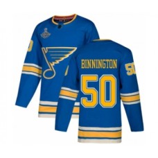 Men St. Louis Blues #50 Jordan Binnington Authentic Navy Blue Alternate 2019 Stanley Cup Champions Hockey Jersey