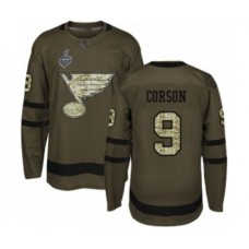 Men St. Louis Blues #9 Shayne Corson Authentic Green Salute to Service 2019 Stanley Cup Final Bound Hockey Jersey