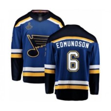 Men St. Louis Blues #6 Joel Edmundson Fanatics Branded Royal Blue Home Breakaway 2019 Stanley Cup Champions Hockey Jersey