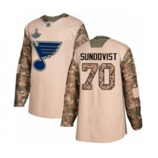 Men St. Louis Blues #70 Oskar Sundqvist Authentic Camo Veterans Day Practice 2019 Stanley Cup Champions Hockey Jersey