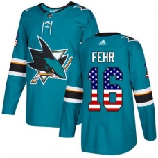 Men Adidas San Jose Sharks #16 Eric Fehr Authentic Teal Green USA Flag Fashion NHL Jersey