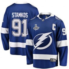 Men Tampa Bay Lightning #91 Steven Stamkos Fanatics Branded Blue Home 2020 Stanley Cup Champions Breakaway Stitched Jersey