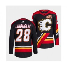 Men Calgary Flames #28 Elias Lindholm Black 2022-23 Reverse Retro Stitched Jersey